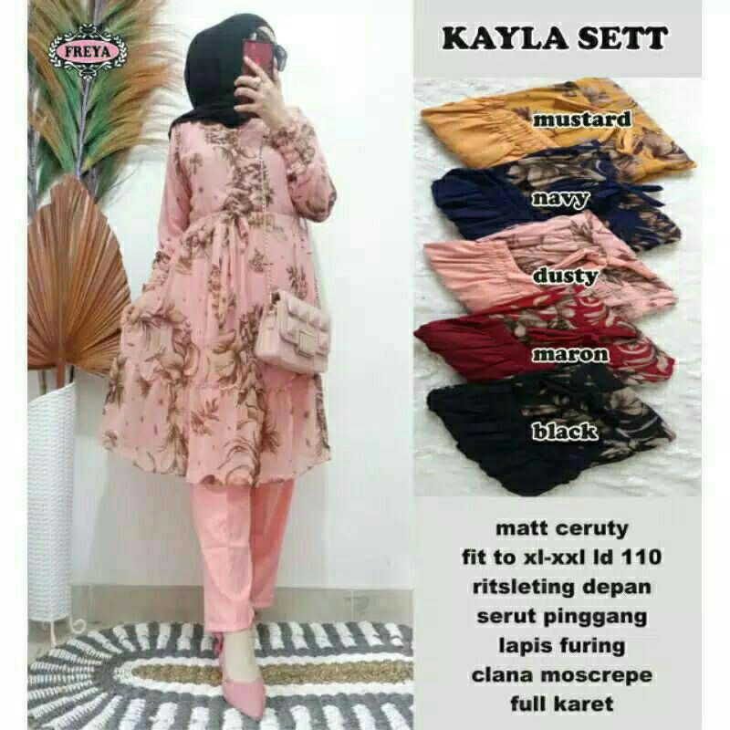 KAYLA SETT / TUNIK  CERUTY SETELAN MOTIF CANTIK TALI SERUT DI PINGGANG