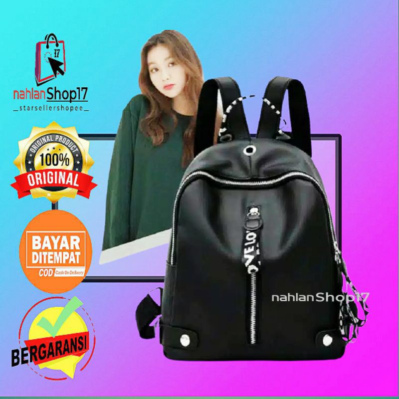 TAS RANSEL WANITA IMPORT HITAM / TAS KOREA RANSEL WANITA 2018 LOVE BLACK AND WHITE (LJY02) -