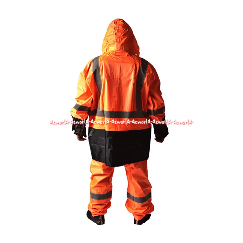 Soleil Jas Hujan Stelan Celana Bahan Tebal Krah Tinggi Tutup Kepala Warna Orange Kuning Kombinasi Hitam Scotch Light Rain Coat Suit