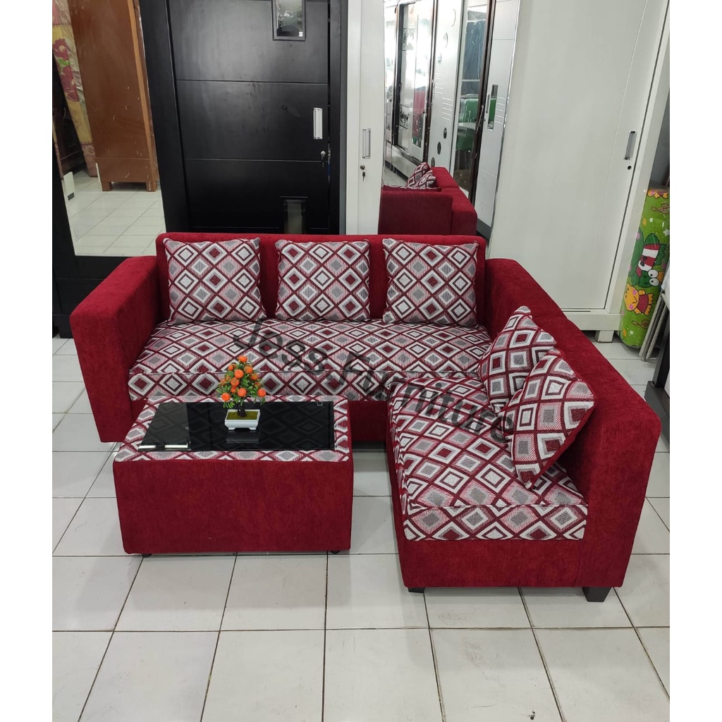 Sofa L / Sofa Ruang Tamu / Sofa Minimalis Kain / Sofa Minimalis Merah