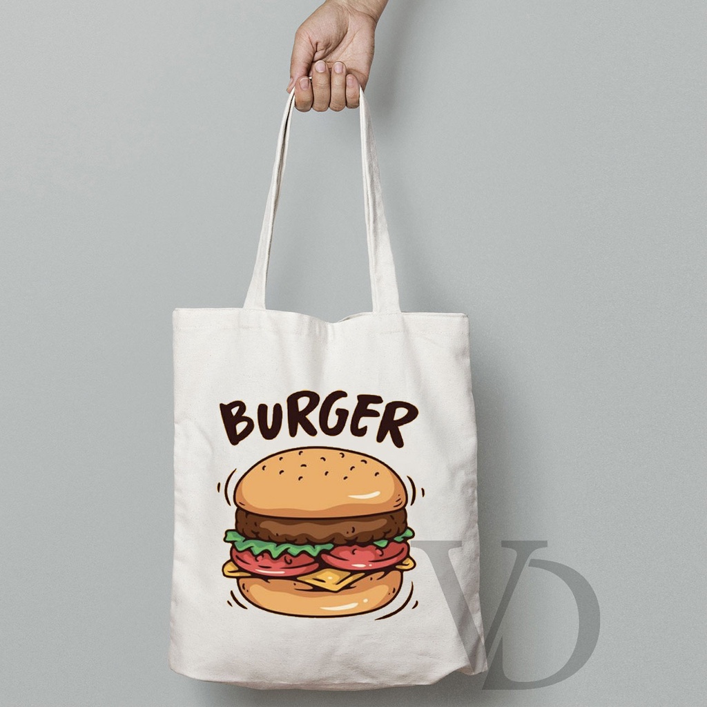 TOTE BAG KANVAS MURAH / TOTE BAG WANITA / TOTE BAG MOTIF JUNK FOOD BURGER PIZZA