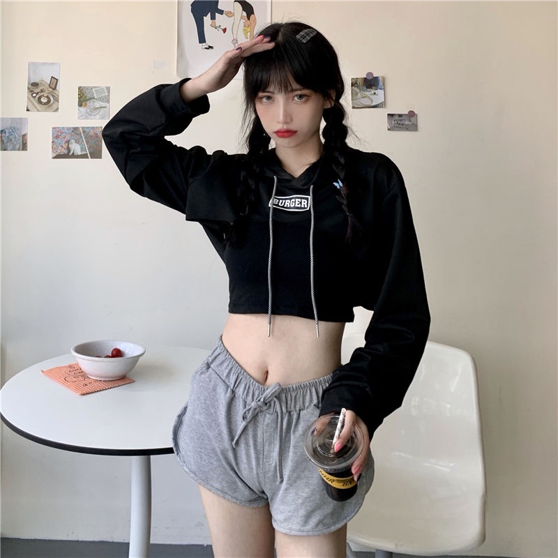 [✅BISA COD] #Sisjuly# Dua Potong Sesuai Xuan Ya Street Dance Hip-Hop Longgar Dicetak Pendek Lengan Panjang Hoodie Cropped