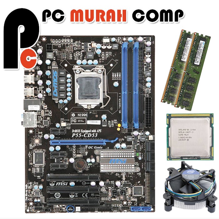 Paket Motherboard LGA1156 P7P55 ATX MSI dengan i3 540 RAM 4GB Free Fan