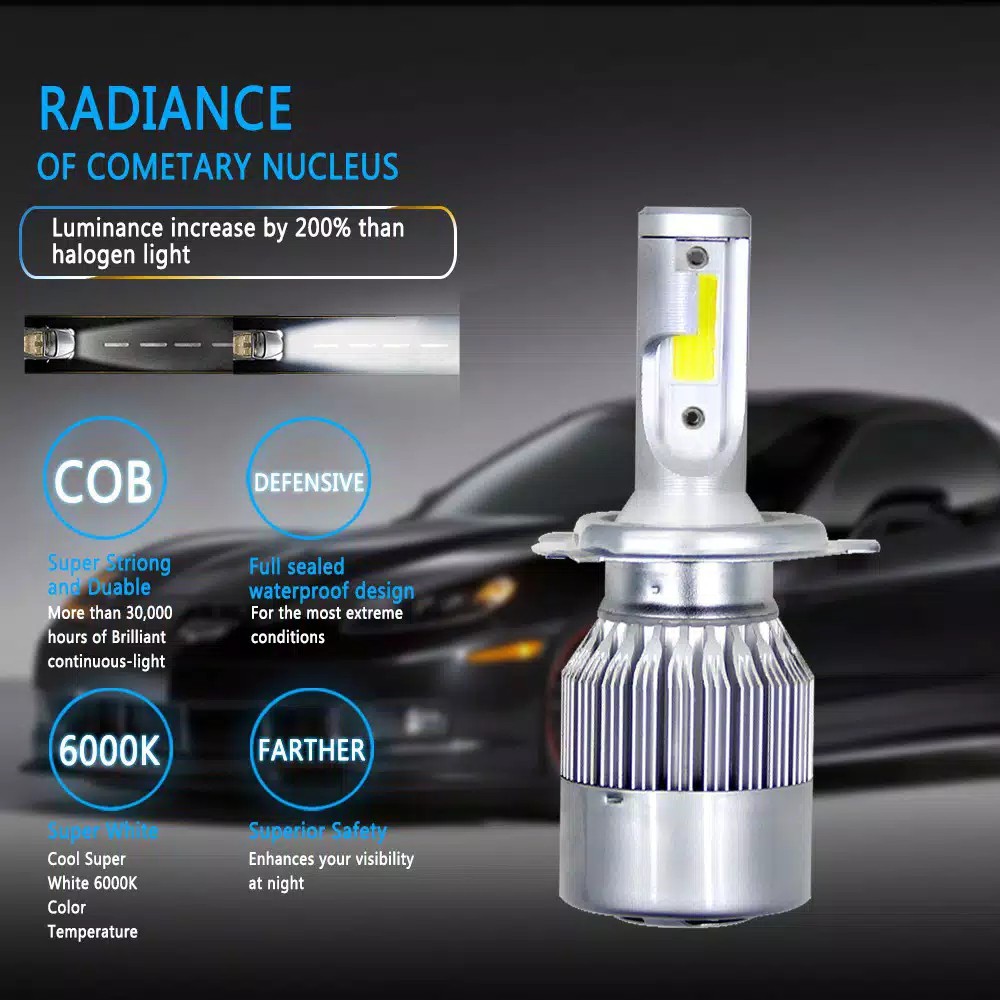 Lampu Utama Mobil LED C6 36W Soket H4 H1 H3 H7 H11 HB3 HB4 White 6000K SEPASANG