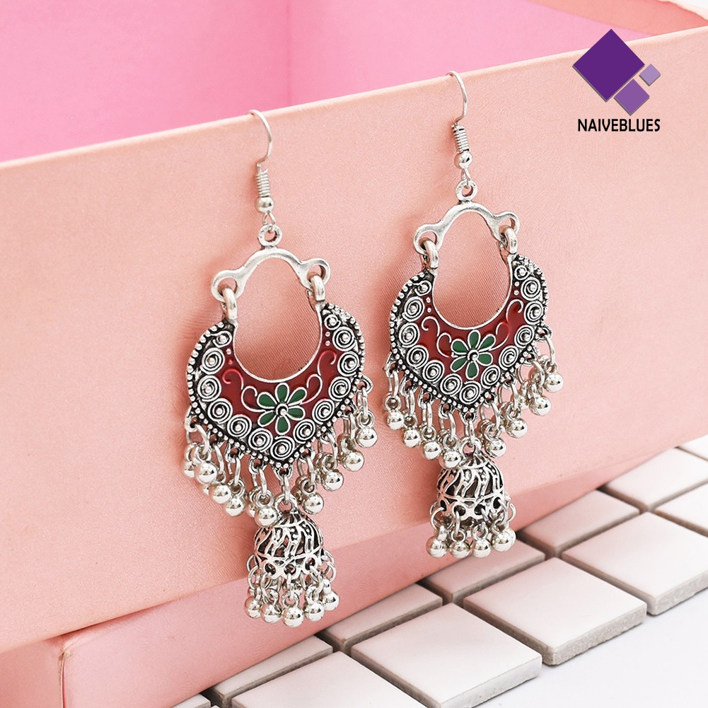 Anting Kait Gantung Desain Bunga Bulat Aksen Rumbai Gaya Retro Bohemian Untuk Wanita