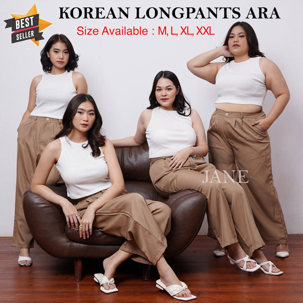 JANE COLLECTION || Celana Kain Formal Kerja Wanita Kulot High Waist Fashion Celana Panjang Jumbo Kantor Korea Bahan Pinggang Karet Kancing - Korean Longpants Ara BIGSIZE M L XL XXL Hitam Putih Olive Khaki Cream Choco