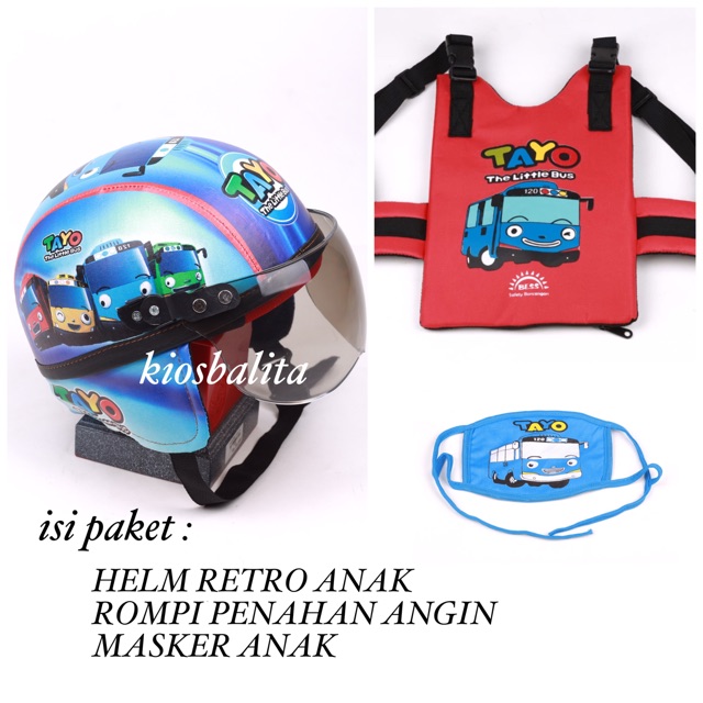 PAKET HELM RETRO ANAK + ROMPI PENAHAN ANGIN MOTOR + MASKER ANAK