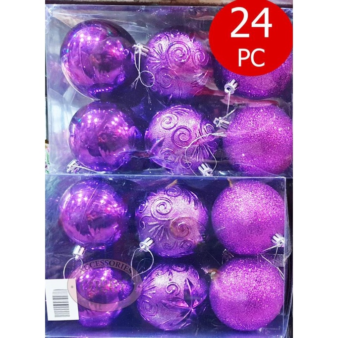 

[PROMO SPESIAL] HIASAN GANTUNGAN BOLA POHON NATAL 7 CM BESAR ISI 24 PCS UNGU MENGKILAP