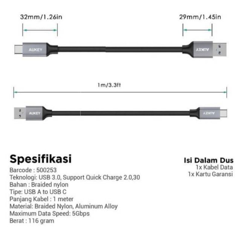 Aukey Kabel Data  CB-CD2 1M Braided USB 3.0 A to USB C