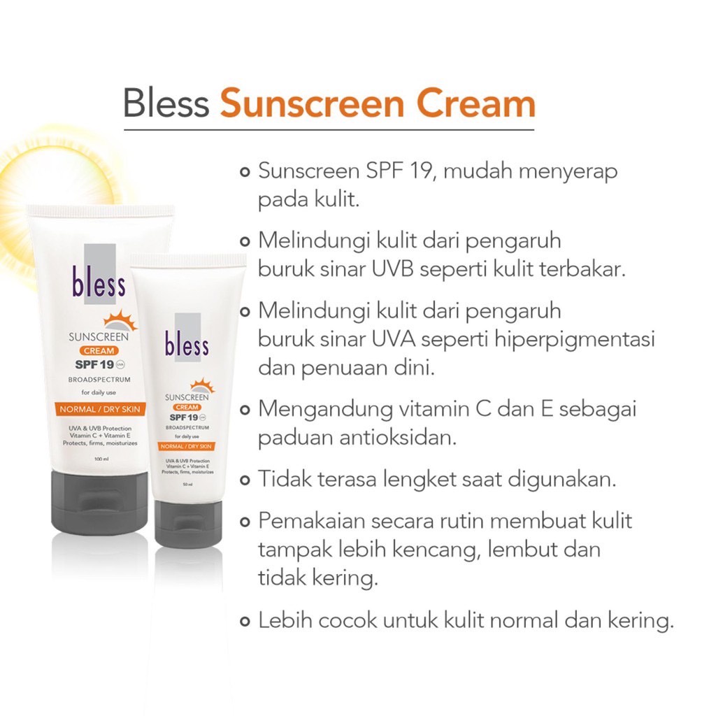 BLESS Sunscreen Cream SPF19 - 50 ml | Tabir Surya - Kulit Kering