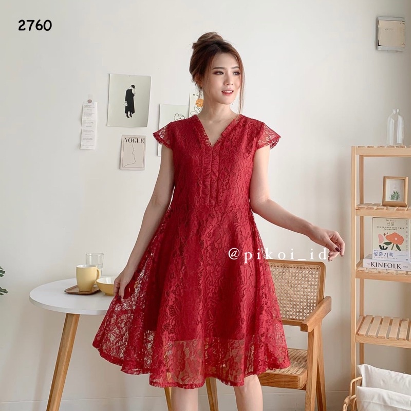 Dress merah maroon brukat imlek wanita / dress pesta cny lace v neck  / dress korean style lucu 2760