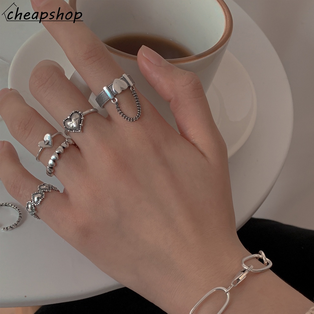 IFYOU 5pcs / set Cincin Model Terbuka Desain Hati Geometris Warna Silver Gaya Vintage Untuk Wanita