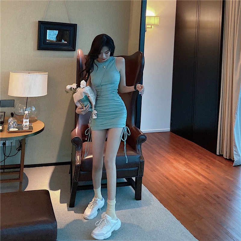 midi dress korea perancis tas hip serut tanpa lengan gaun peri ketat rok pendek rok a-line kecil