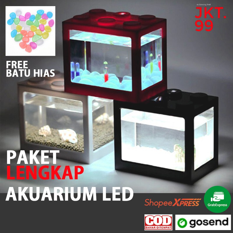 Aquarium - Akuarium Mini White LED / Colorful LED / paket Lengkap / Akuarium ikan