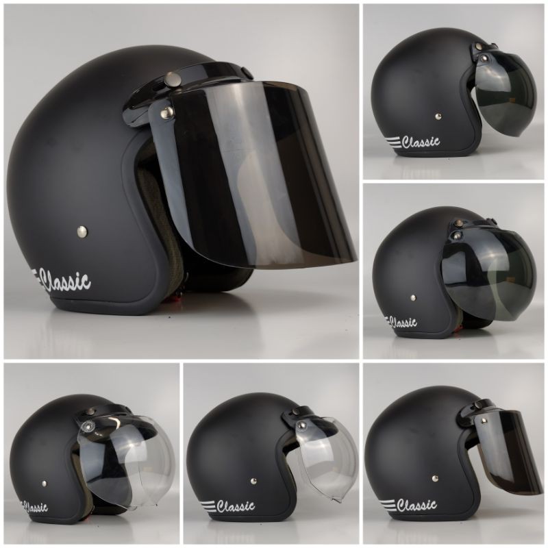 Helm bogo retro Hitam Doff kaca flat visor