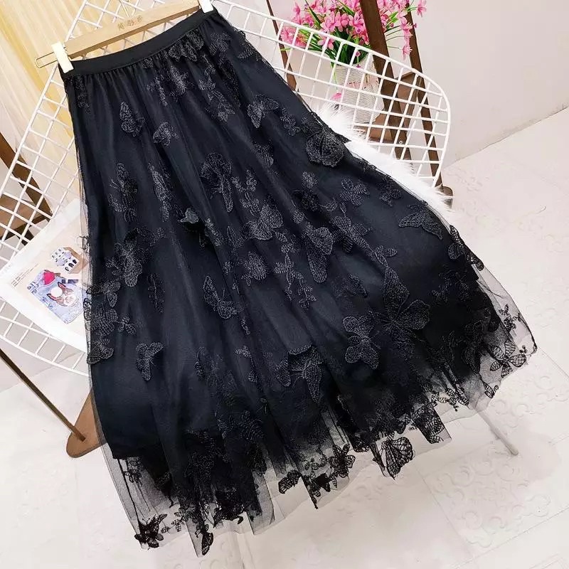 Rok Tutu Kupu Kupu 3D Timbul Panjang / Tutu Maxi Skirt Import ButterFly Embroidery - Katlyn Shop-Kupu 3D - Black