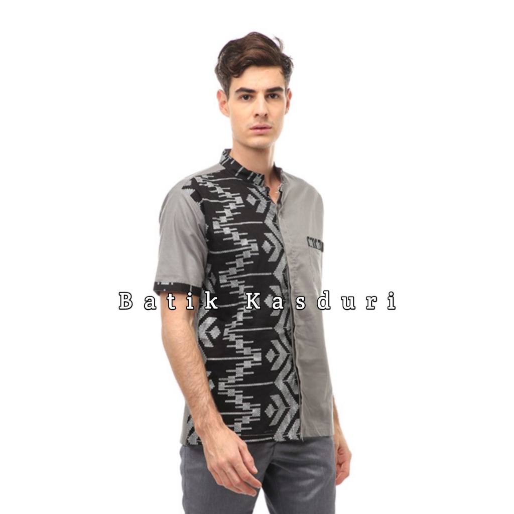 Baju Koko Pria Terbaru Lengan Pendek Motif Sisik Kombinasi Batik Warna Hitam