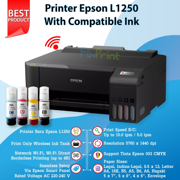 Printer Epson L1250 / L1256 Print Only Wireless WiFi Direct Kondisi Baru Tinta Anti Tumpah