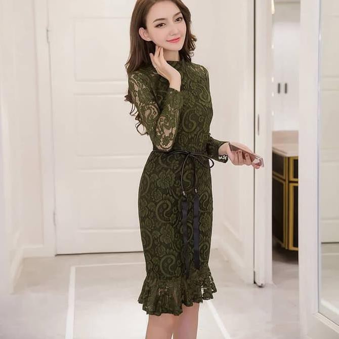 midi dress scuba kombinasi brukat hijau army zipper - Multicolor, S