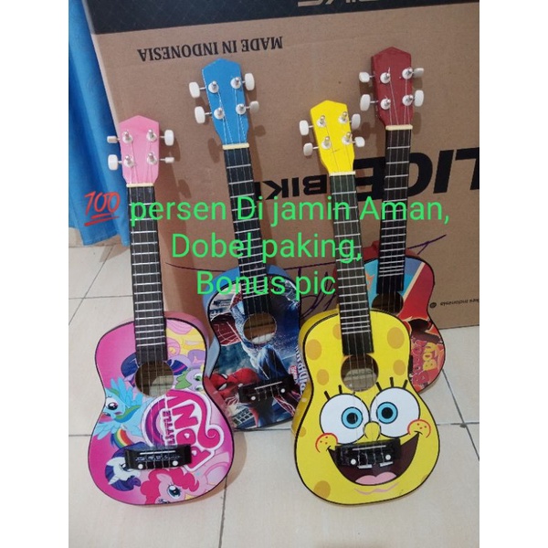 ukulele gambar spiderman/ukulele kado hadiah/gitar mini murah/kentrung senar 4 &amp; senar 3