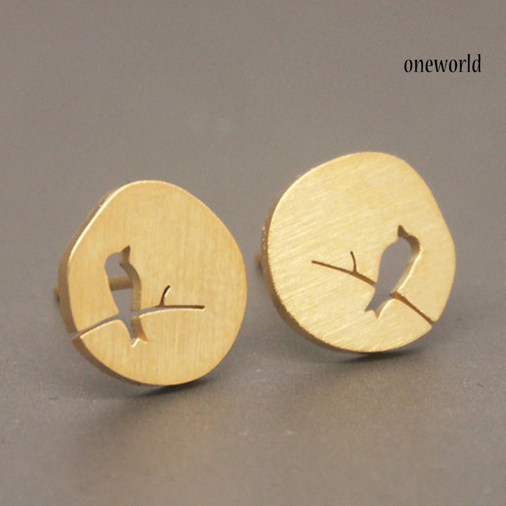 OW@ Cute Women Hollow Bird Branch Irregular Geometric Ear Stud Earrings Jewelry Gift