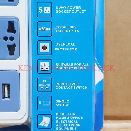 PHILMAX STOP KONTAK 5 LUBANG + 2 USB PORT 2.1A + SWITCH / SAKLAR / COLOKAN LISTRIK 5 LOBANG + 2 USB CHARGER 2,1A KABEL 1.8M 1,8METER