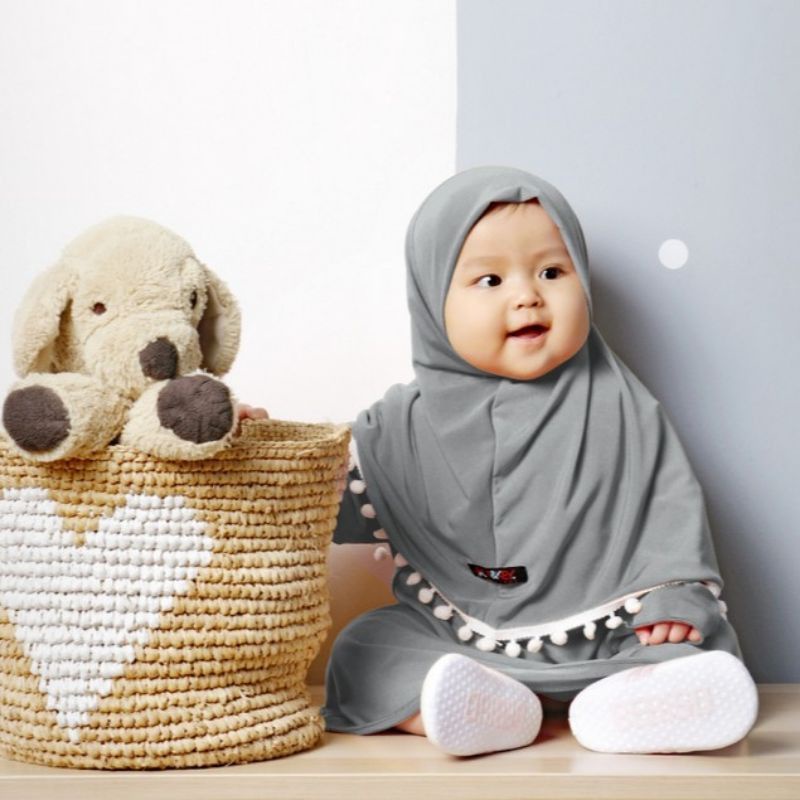 Baju Anak Perempuan Gamis Bayi Hijab Pom Pom 0-2 Tahun Katun Polos Adem Gemoy