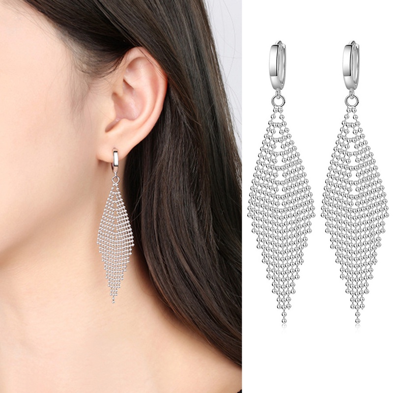 Anting Gantung Panjang Tusuk Lapis Silver Sterling 925 Aksen Rumbai Untuk Perhiasan Wanita