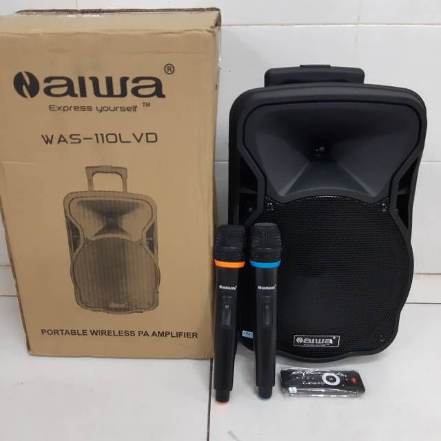 SPEAKER PORTABLE AIWA 10 INCH BONUS 2 MIC WIRELESS PEGANG2 ORIGINAL