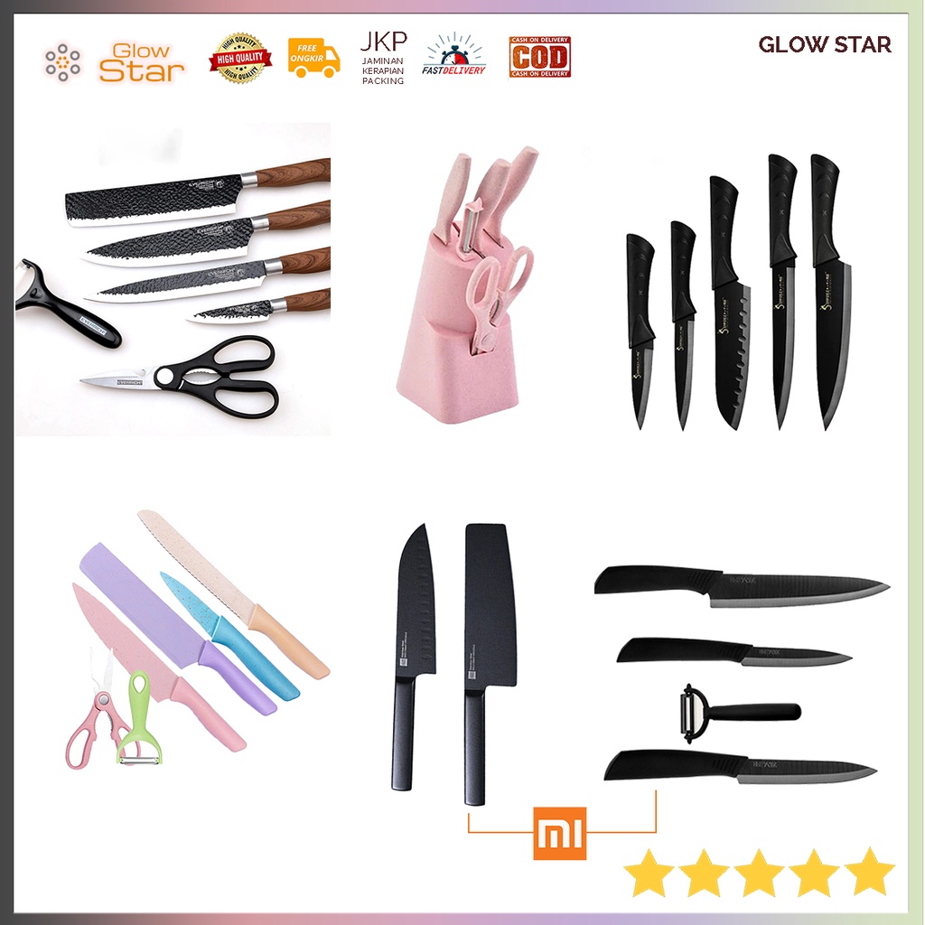 Set pisau dapur kitchen Knife knives Stainless Steel Premium Quality Xiaomi huohou 6 in 1 3 in 1 Gunting Coloful Pink Ungu