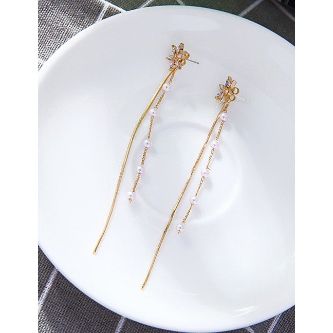 LRC Anting Tusuk Fashion Silver Artificial pearl Fringed Flower Earrings D37739