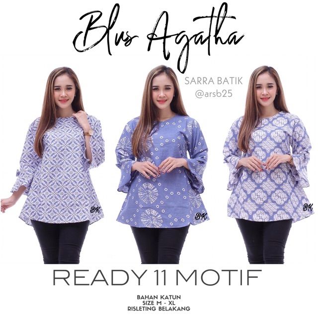 Blus Agatha Batik Blouse Sheena Blus Lonceng Lawasan Biru Cantik Kerja Seragam Batik Muslim