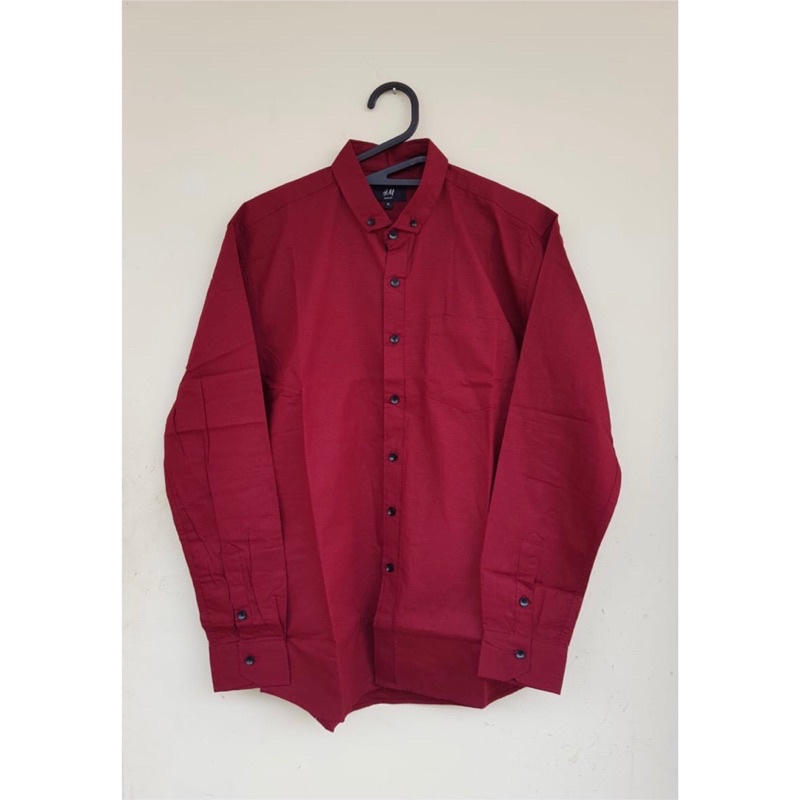 Kemeja Pria Cowok Polos Tangan Lengan Panjang Slimfit Casual Kantoran Murah Sale Premium Maroon