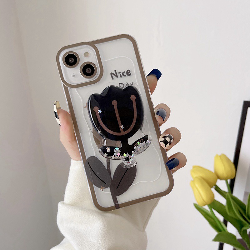 Flow Glitter Tulip Popsocket Soft Case iP iPhone 11 12 13 Pro Max 6 6S 7 8 + Plus X XR SE 2020 XS Max Casing