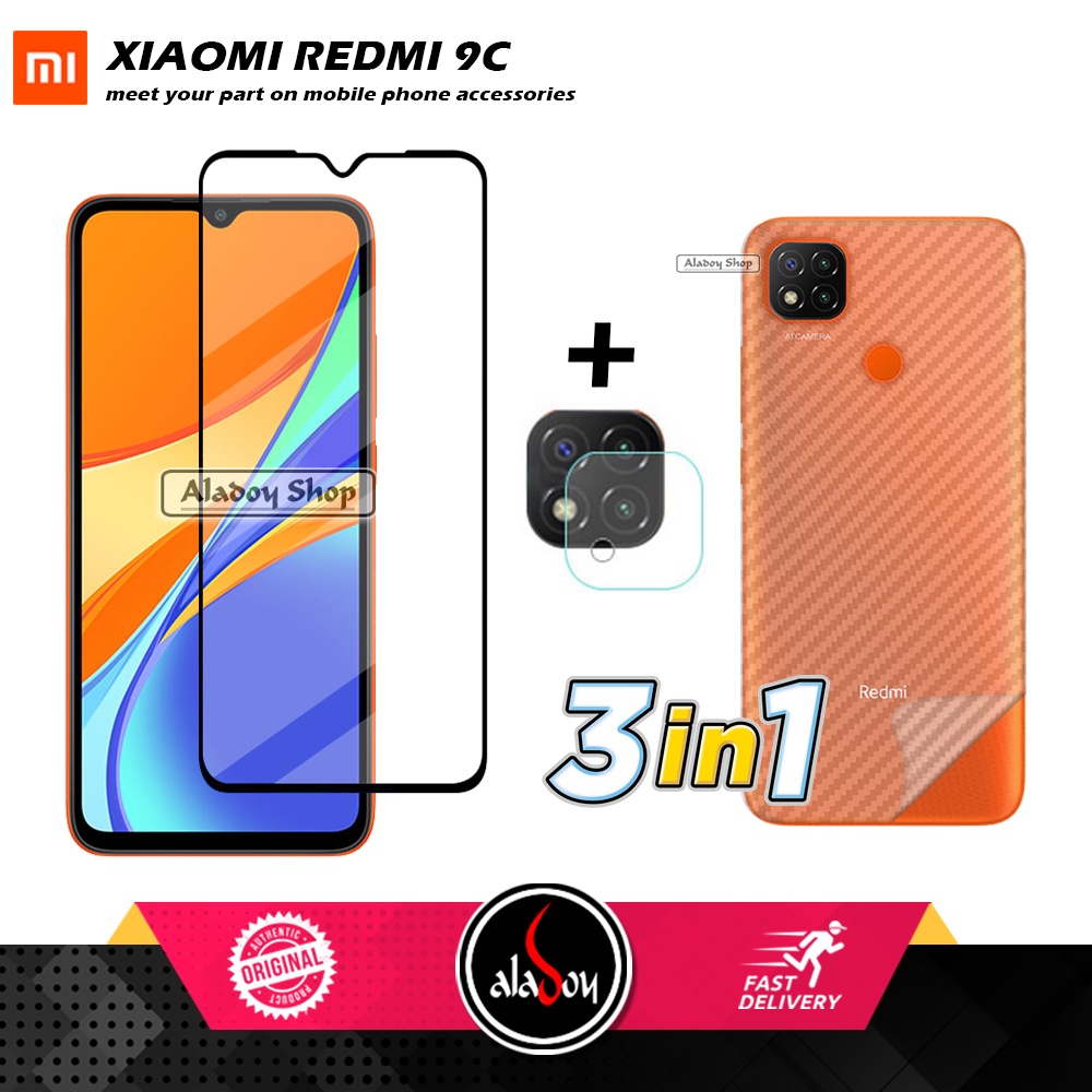 PAKET 3 IN 1 Tempered Glass Layar XIAOMI REDMI 9C Free Tempered Glass Camera + Skin Carbon