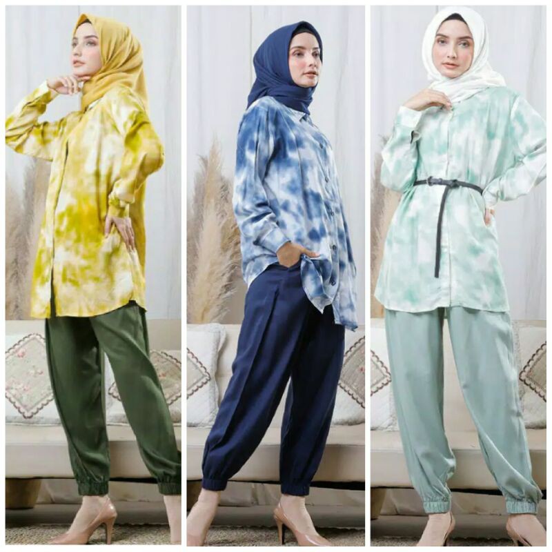 Setelan Baju Muslim Stelan Piyama Jumputan Atasan Celana Wanita