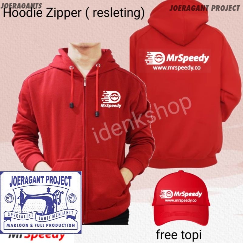 Hoodie jaket kurir mrspeedy Zipper ( resleting) + topi bahan cotton fleece tebal ukuran lokal JP -jo