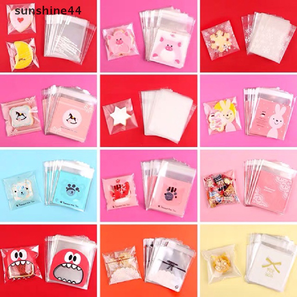 Sunshine 100pcs/pack Cartoon Cookie Candy Self-Adhesive Bags Biscuits Snack Baking Bags .