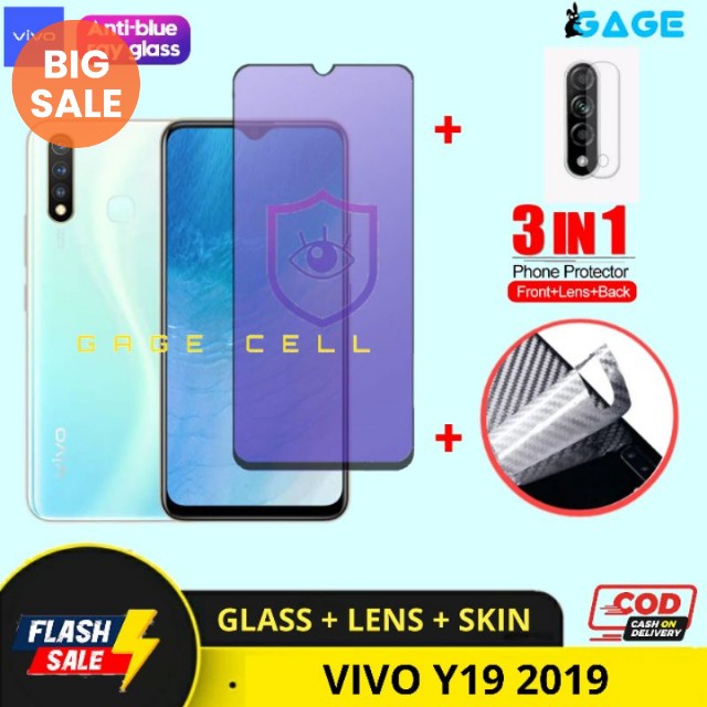 PROMO 3IN1 Tempered Glass Anti Blue Light Vivo Y19 2019 Full Layar Screen protector