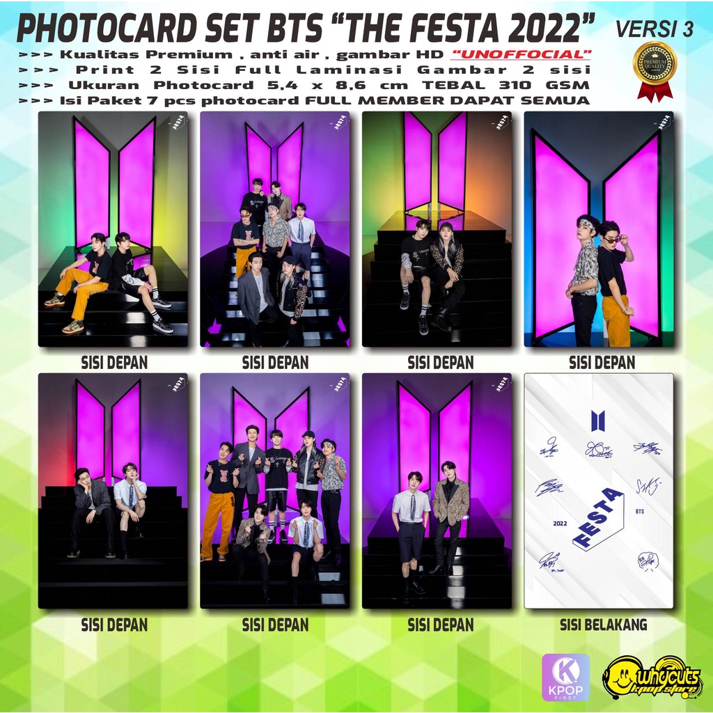 PHOTOCARD  SET PC KPOP PREMIUM NOFFICIAL BTS FESTA 2022 / PRINT 2 SISI FULL SUPER GLOSSY / ANTI AIR / ISI 7 PCS FULL SET