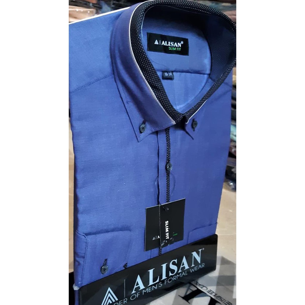 ALISAN Kemeja Polos Kombinasi Lengan Panjang - SLIM FIT // BIRU JEANS - Biru, S