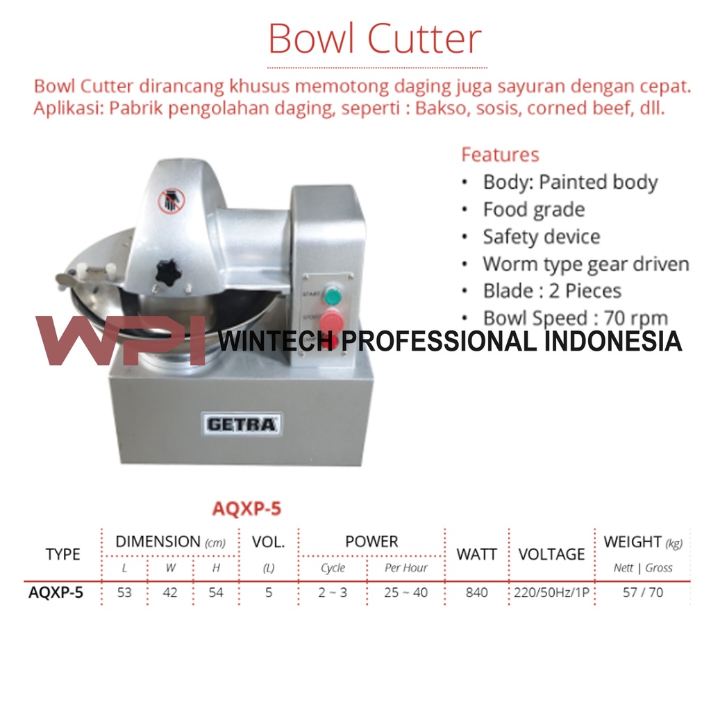Getra AQXP-5 Bowl Cutter - Mesin Untuk Memotong Daging Skala Besar - Mixer Adonan Bakso Mesin Giling Bakso - Kapasitas 5 Liter