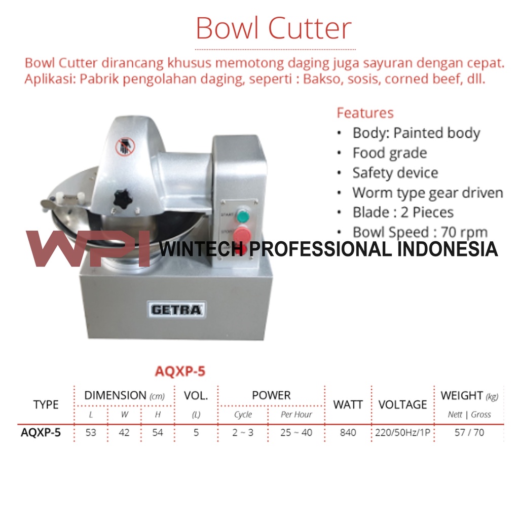 Getra AQXP-5 Bowl Cutter - Mesin Untuk Memotong Daging Skala Besar - Mixer Adonan Bakso Mesin Giling