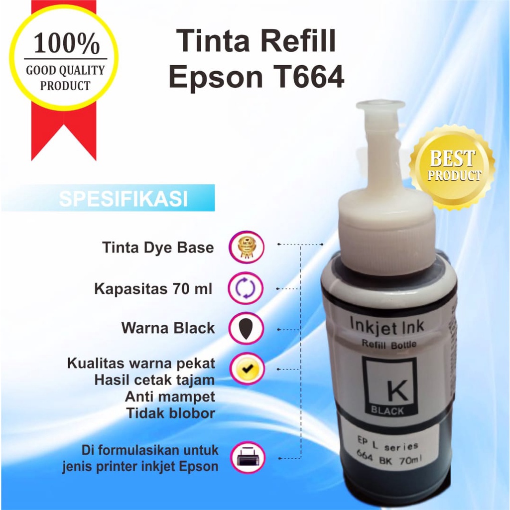 Tinta Printer Epson Refill Pengganti 664 T664 Printer L110 L210 L300 L350 L360 L380