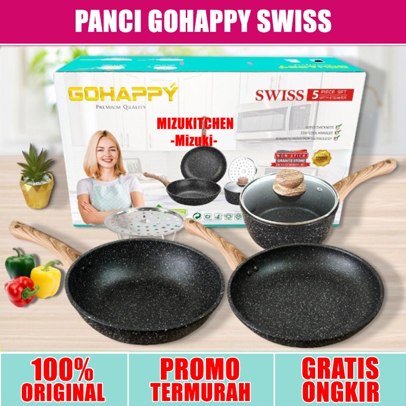 PANCI SET SWISS BLACK Gohappy Milkpan marble granite fry pan and wok 24cm