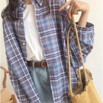 kemeja wanita Korea plaid shirt oversize retro panjang lengan semua pertandingan-1592biru