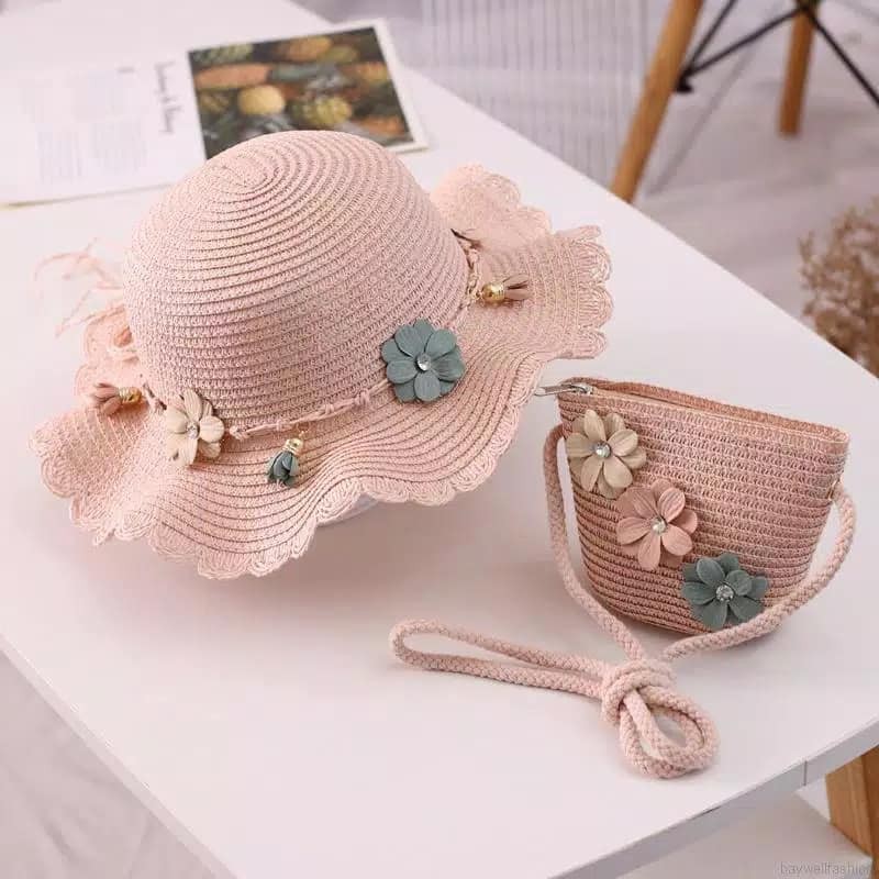 Topi Anak Pantai paketan set Tas Pantai Anak Bunga Import Pathos-Peach