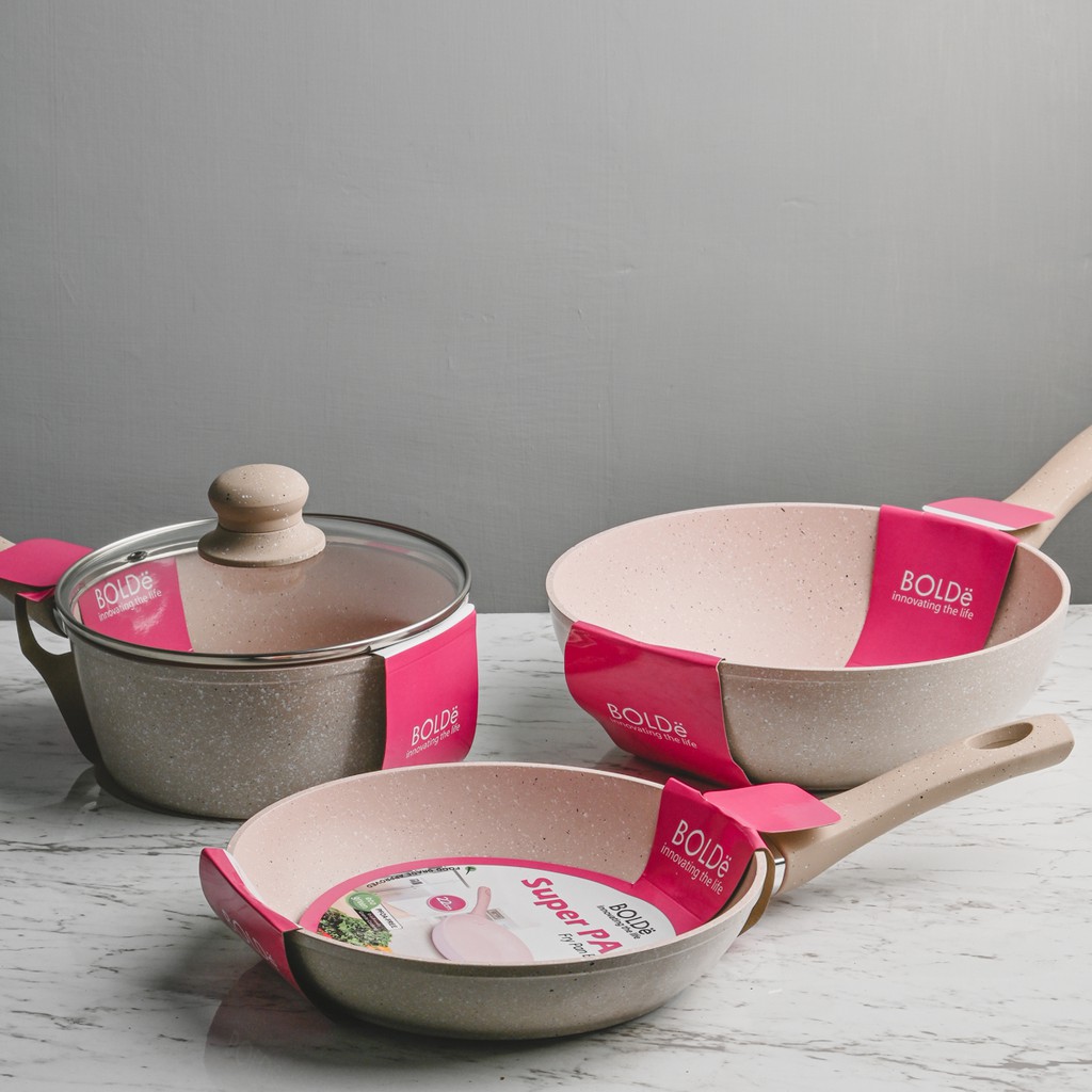 BOLDe Sauce Pan 18 cm Dengan Tutup Kaca+Wok 24 cm+Fry Pan 24 cm Beige