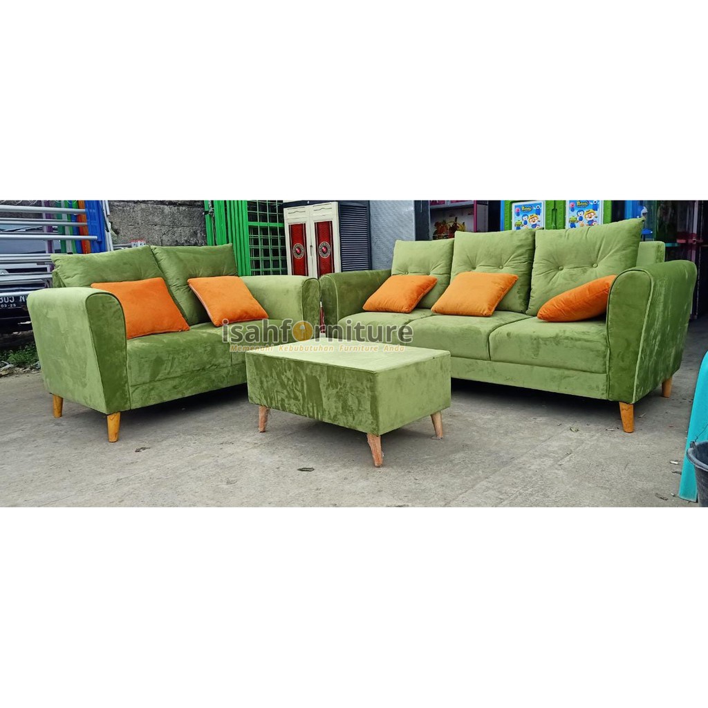 Sofa Tamu/Kursi Tamu Minimalis Retro Hijau Kaki Coklat 2 3 + Meja
