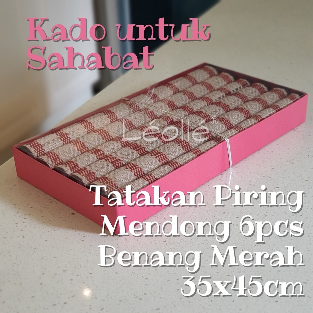 Leolle Kado Sahabat unik Tatakan Piring 6pcs size 35x45cm Dekorasi Meja Makan Anyaman Mendong Natural Rajutan Benang Merah